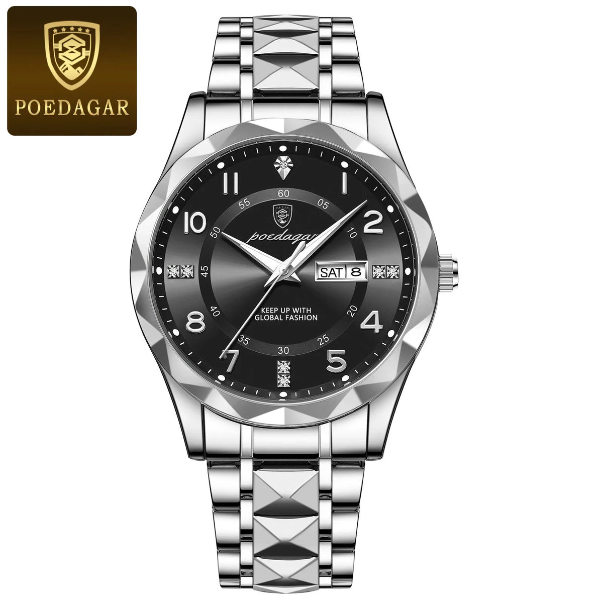 A silver-toned men's quartz watch with a black dial and luminous markers on a metal bracelet.