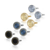 A collection of five cufflinks featuring blue and silver, gold, and black enamel designs.