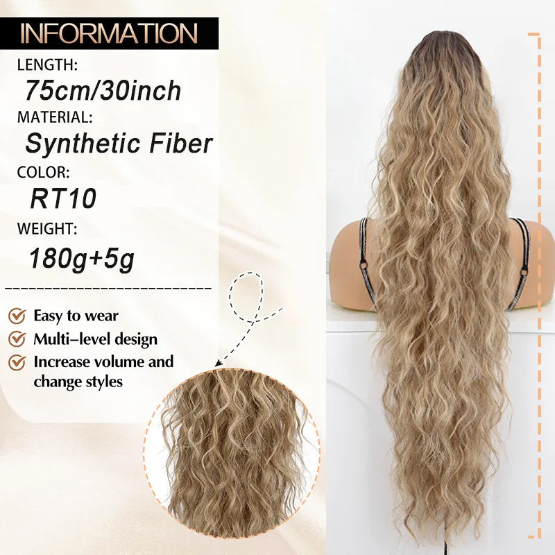 Long, wavy, light brown synthetic fiber hair extension displayed against a white background.