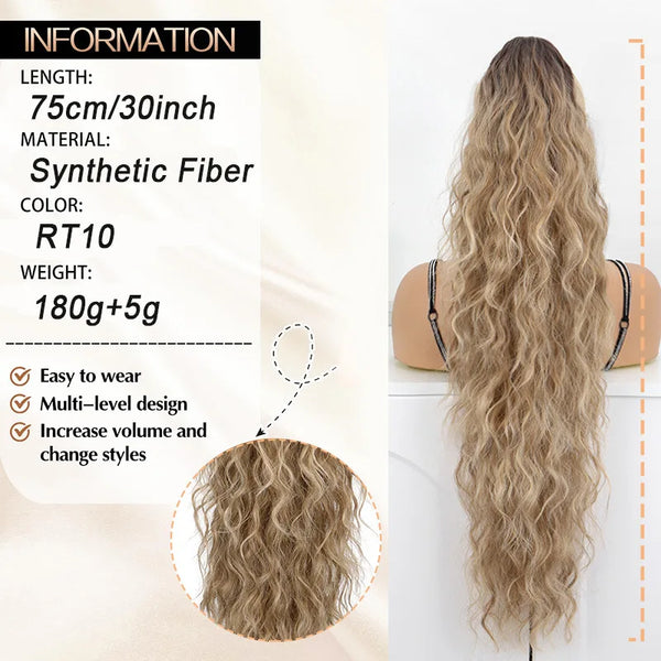 Long, wavy, light brown synthetic fiber hair extension displayed against a white background.