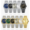 A collection of men's luminous quartz wristwatches in various silver and gold finishes.