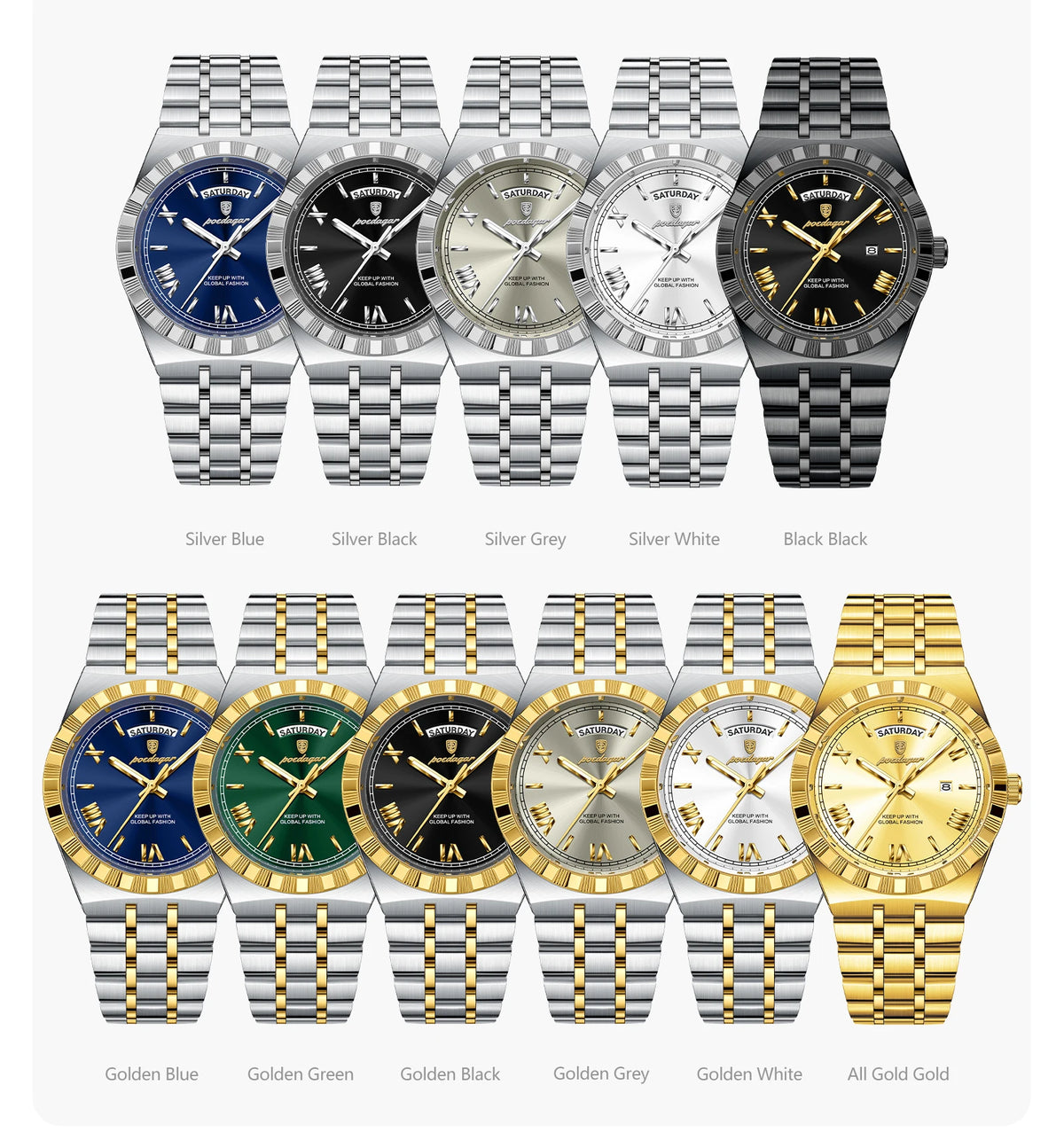 A collection of men's luminous quartz wristwatches in various silver and gold finishes.