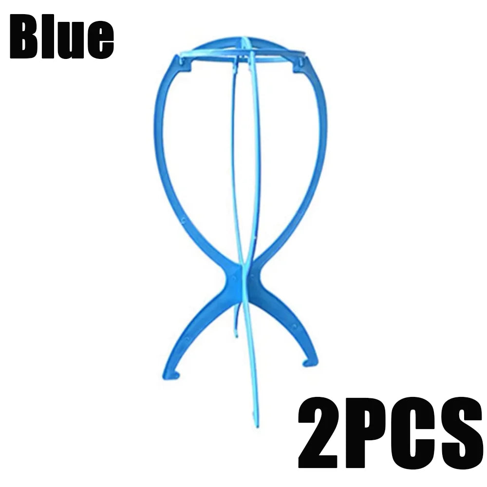 Soporte plegable portátil de color azul para peluca con dos piezas