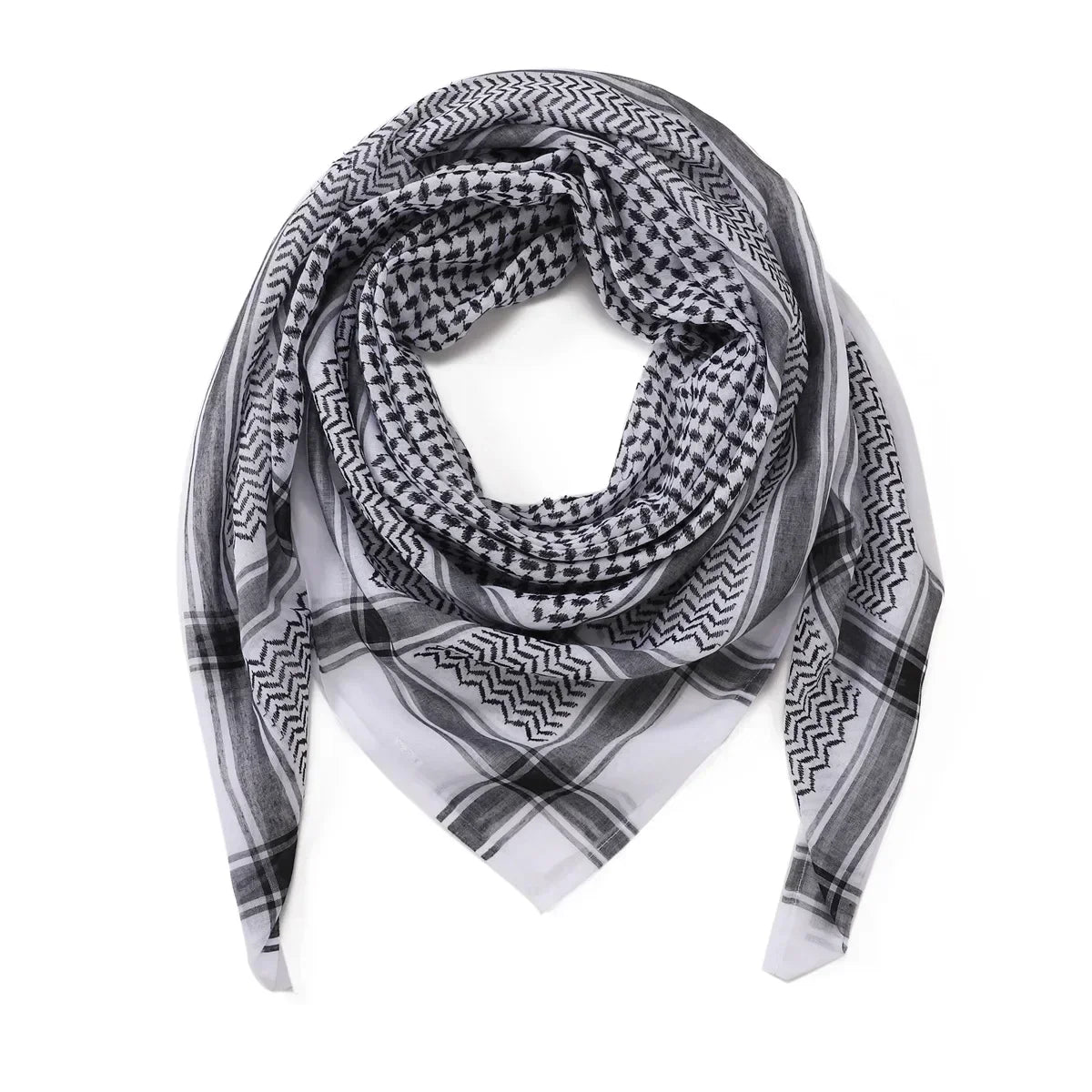 Pañuelo táctico doblado con patrón a cuadros blanco y negro.