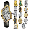 A vintage irregular quartz watch with a gold-rimmed white face and black strap, shown in detail.