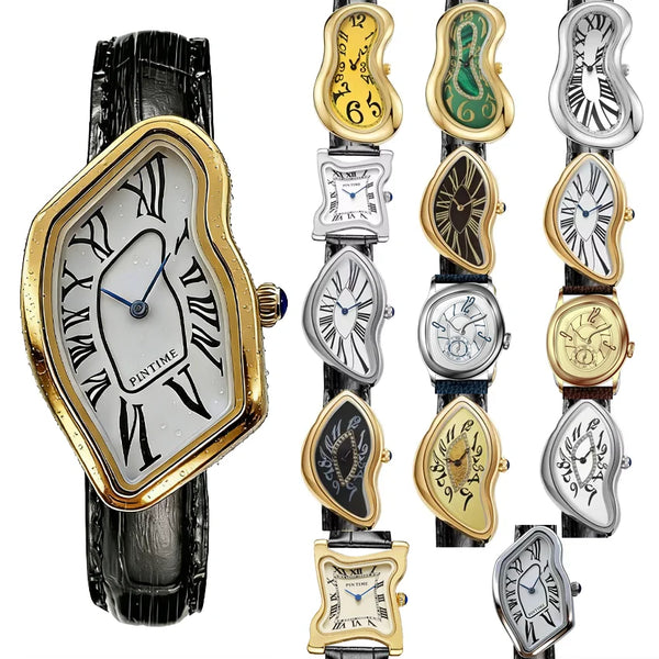 A vintage irregular quartz watch with a gold-rimmed white face and black strap, shown in detail.