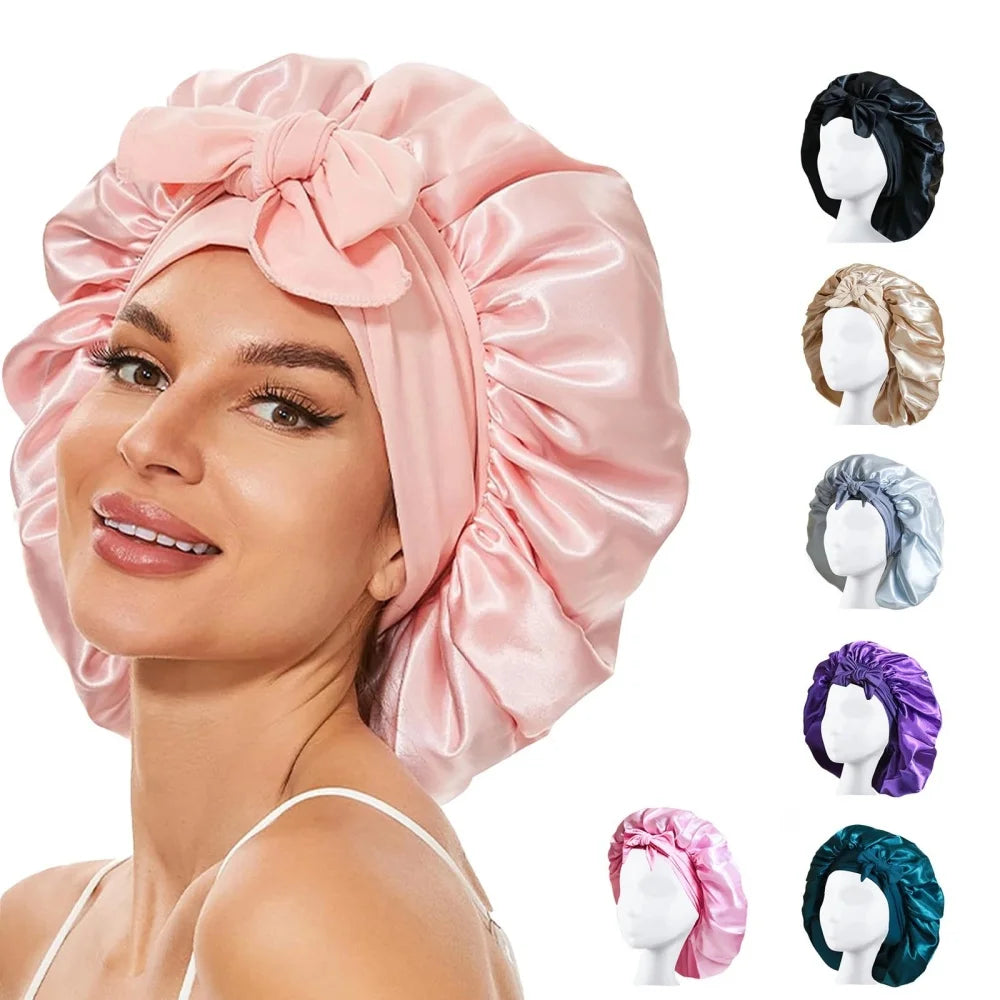 Pink satin wide-brimmed hair wrap headscarf shown on a model with multiple color options.