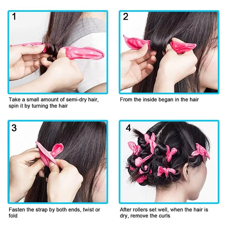 Instructions for using a 10 piece flexible hair curling rollers set to create curls