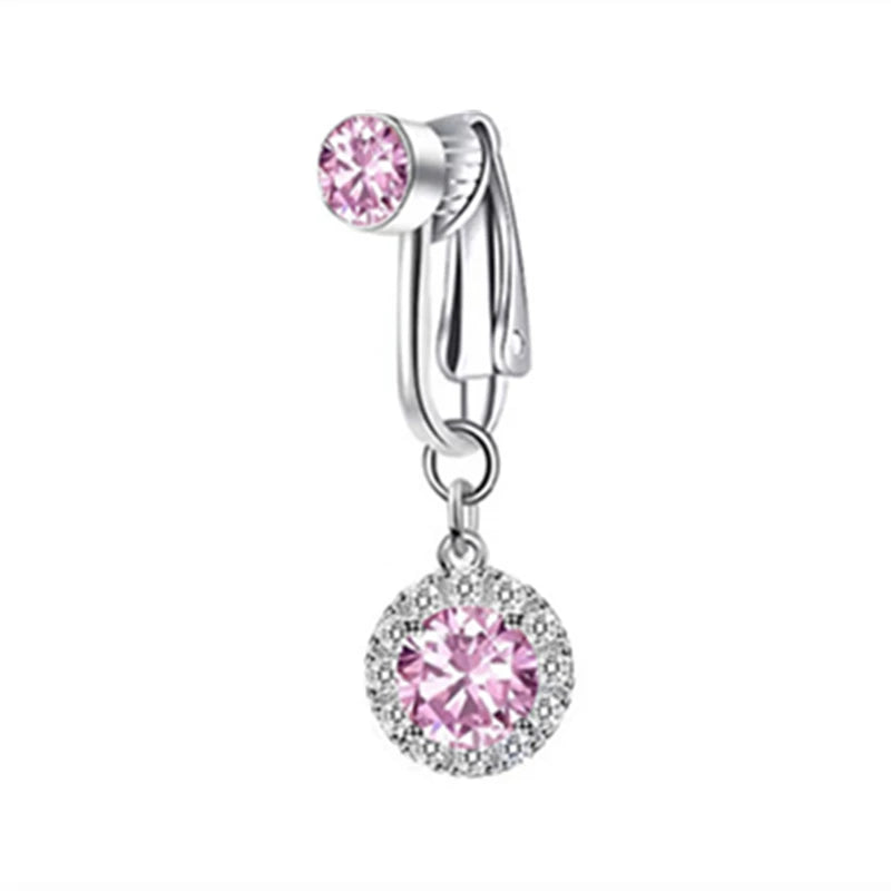 Silver fashion belly button rings featuring pink gemstones and a decorative clasp.