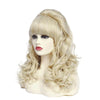 A long wavy blonde wig styled in a big bouffant beehive look displayed on a mannequin head.