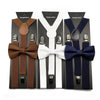 A set of adjustable polyester suspenders and bow ties in brown, white, and navy colors displayed in packaging.