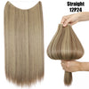 Straight 12P24 hair extensions in a light beige color shown as a full length and a close-up curl.