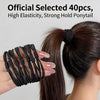 Black elastic hair ties used to secure a ponytail on a dark brown hair strand.