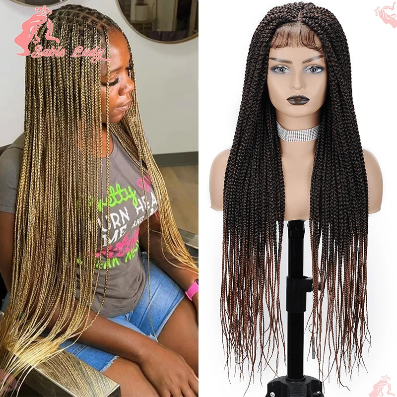 Nahaufnahme einer Frau mit einer langen, geraden blonden Boxbraid-Perücke.