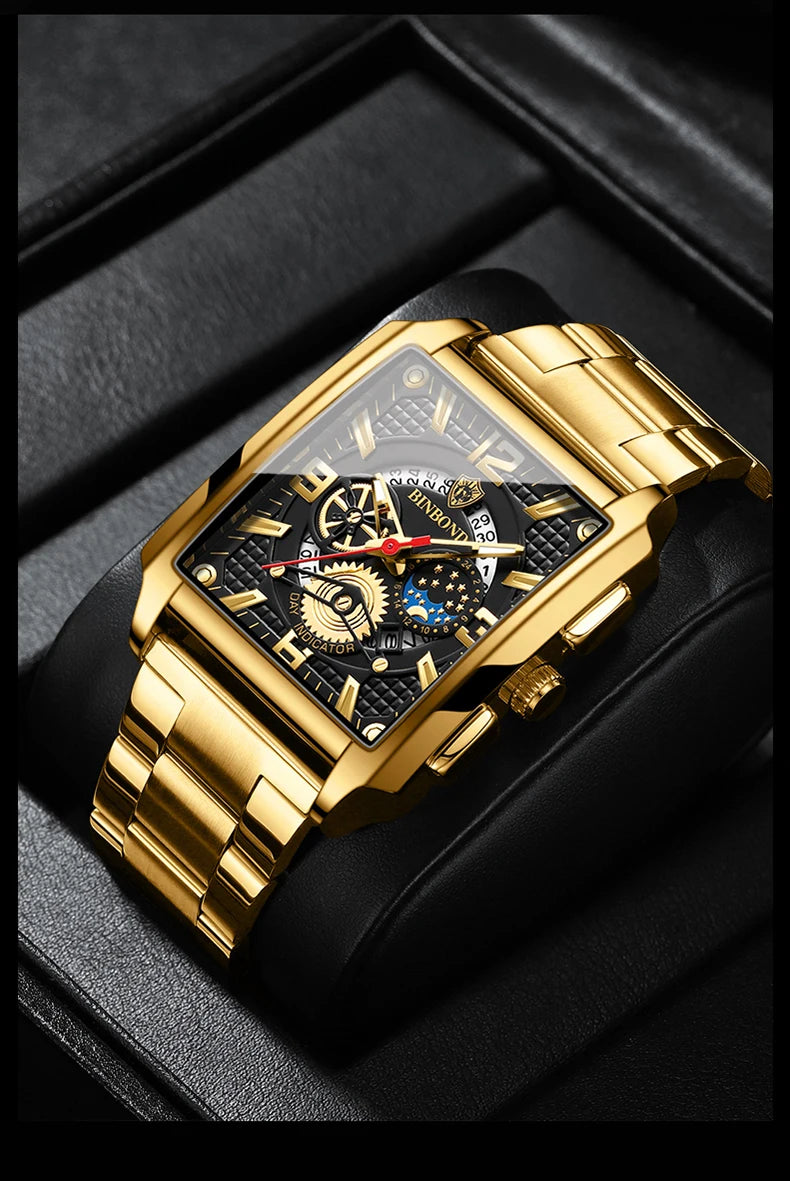Nahaufnahme einer goldfarbenen Luxus-Quarz-Armbanduhr mit schwarzem Zifferblatt und leuchtenden Merkmalen auf dunklem Hinterg