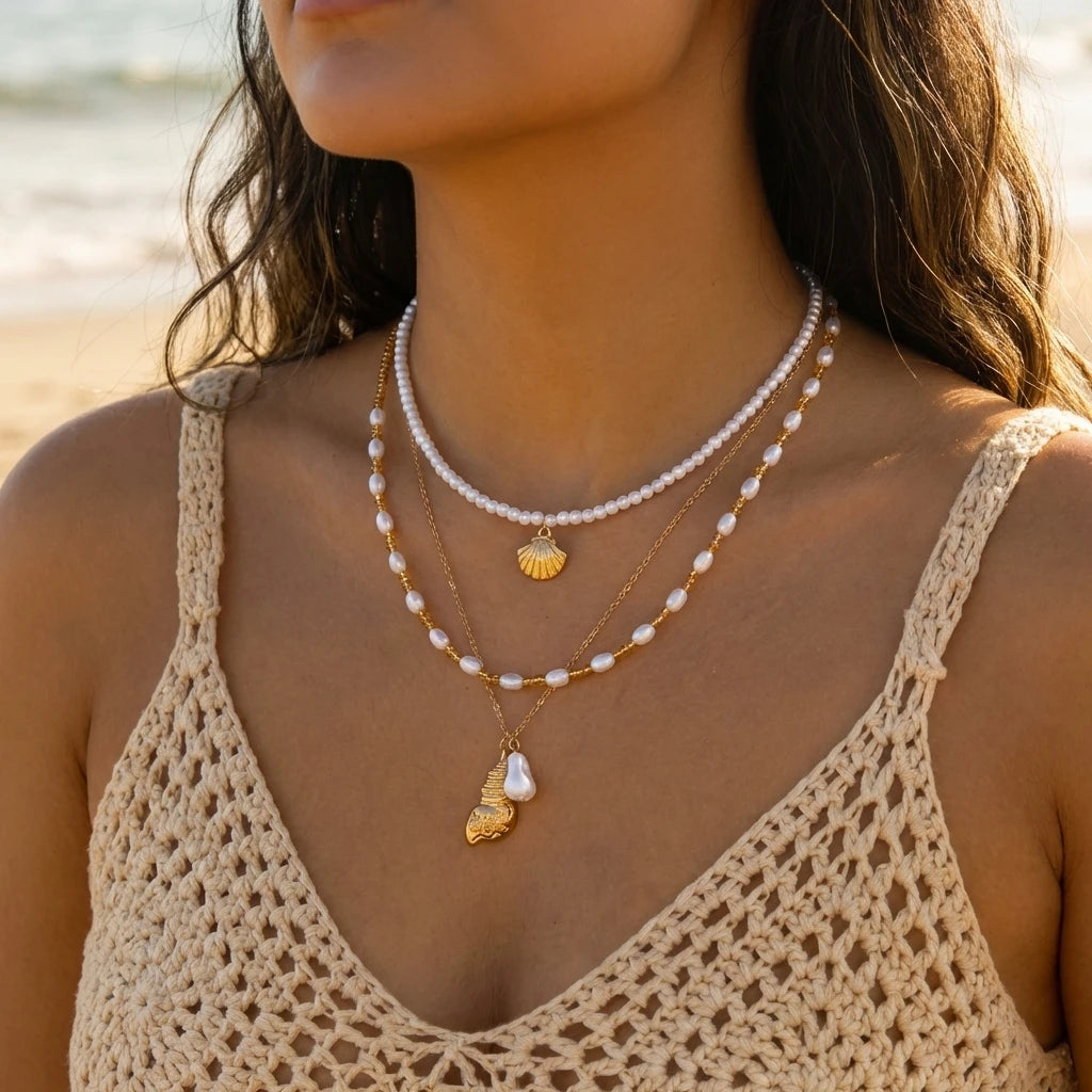 A close-up of a woman wearing a layered gold and pearl necklace with a shell starfish pendant against a beige top.