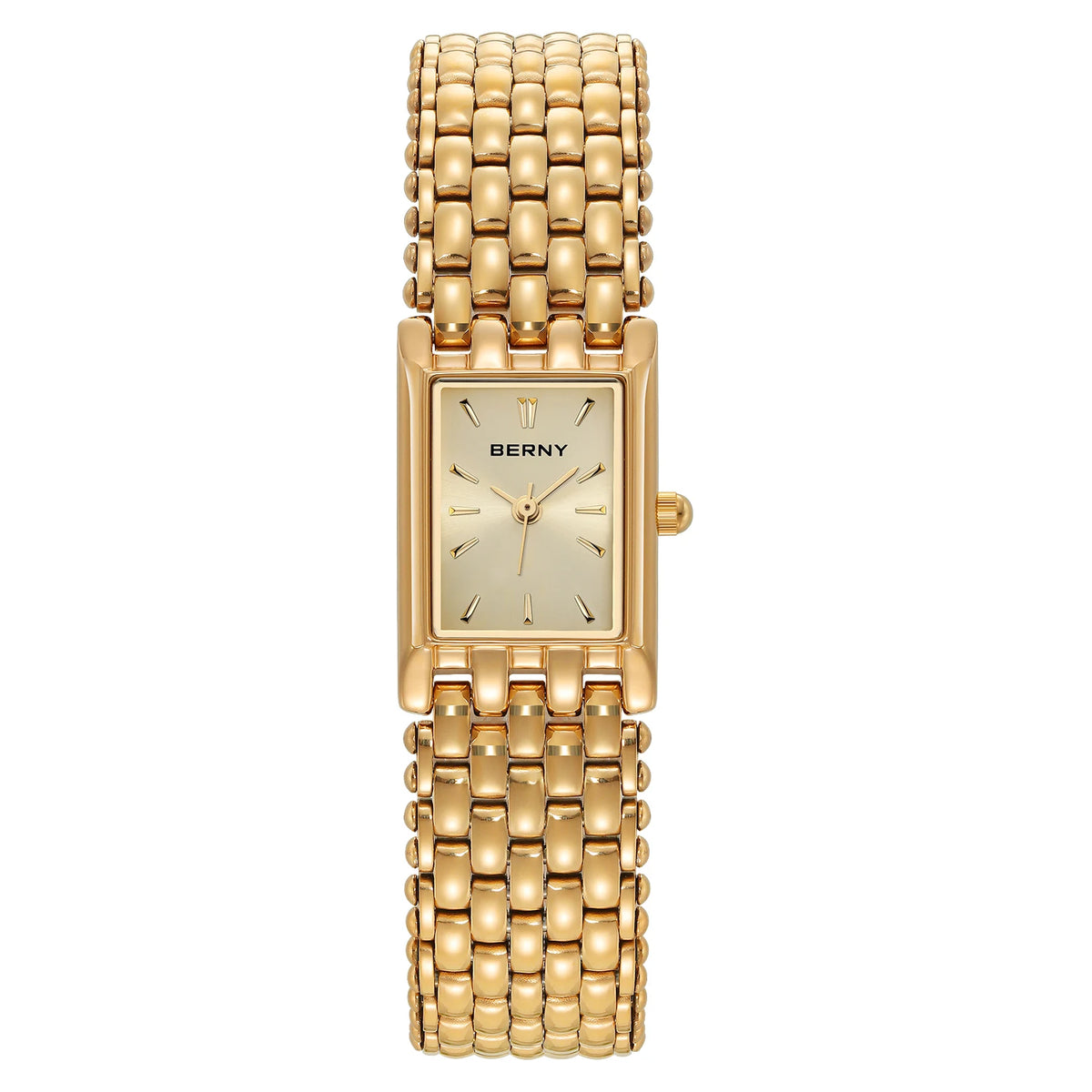 Montre quartz pour femme plaquée or avec bracelet métallique texturé et cadran clair.