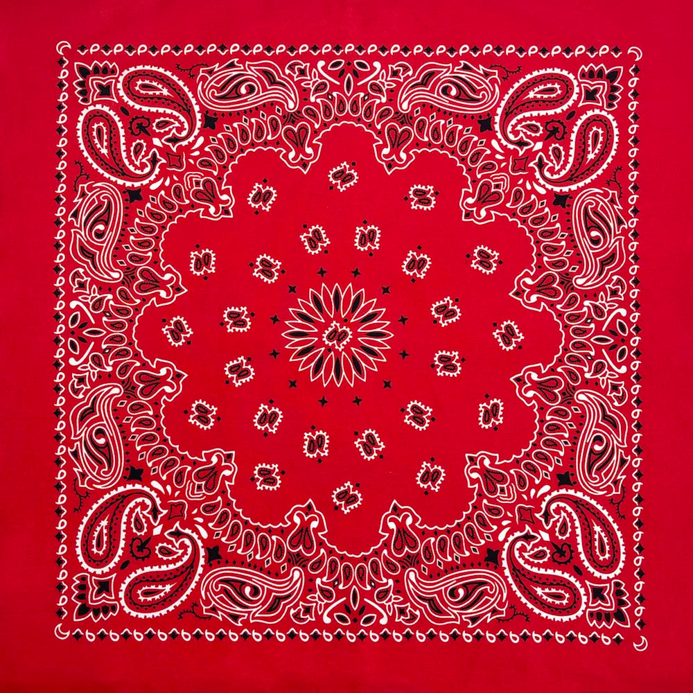 A red fabric with intricate white paisley and floral patterns printed in black on the surface.