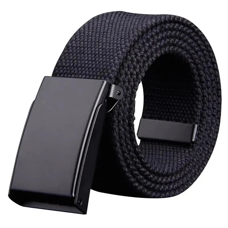 Black unisex tactical canvas waist belt rolled up and displayed on a white background.