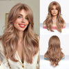A model showcases a long, wavy sandy blonde wig with long bangs and layered hair in various shades.