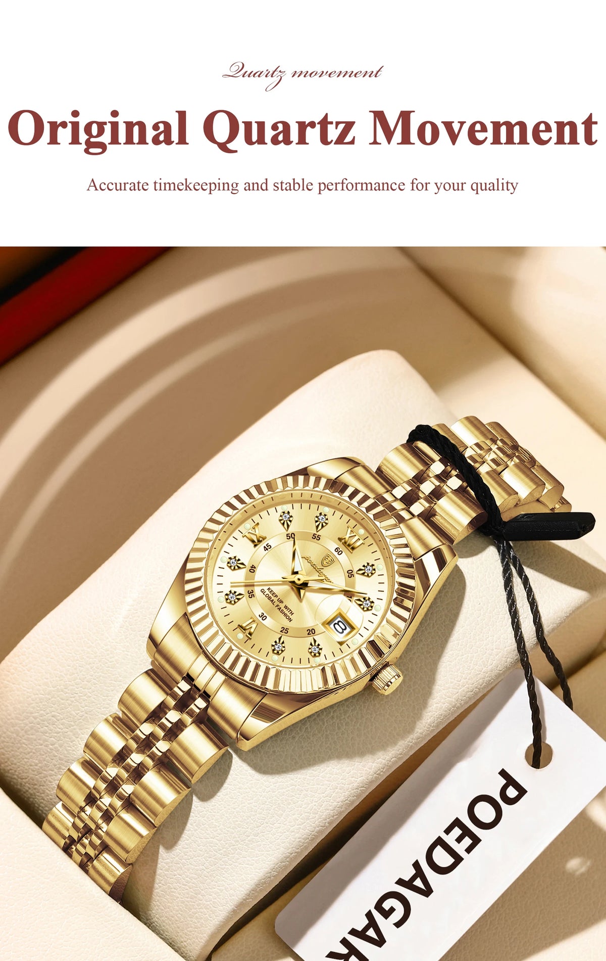 A gold-toned quartz wristwatch is displayed on a light background, highlighting its movement and design.