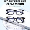 A set of black and clear square eyeglasses for worry free life clear vision featuring a light weight and stylish design.