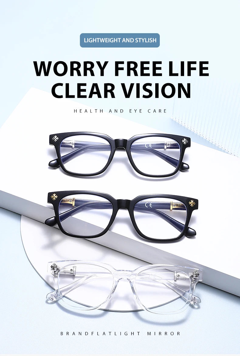 A set of black and clear square eyeglasses for worry free life clear vision featuring a light weight and stylish design.
