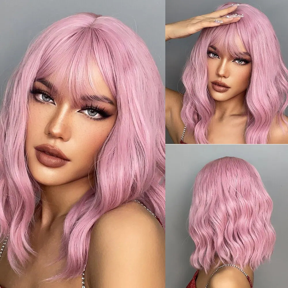 Close-up of a pink wavy bob wig for women showing various styles and textures.