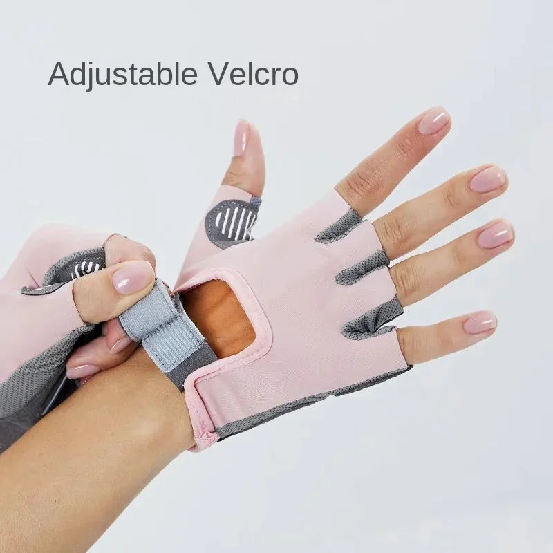 Pink adjustable velcro silicone gloves being worn on a hand.