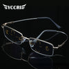 A pair of clear photochromic progressive reading glasses displayed against a black background.