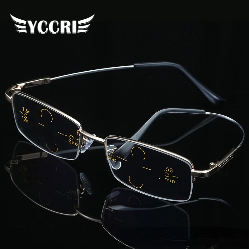 A pair of clear photochromic progressive reading glasses displayed against a black background.