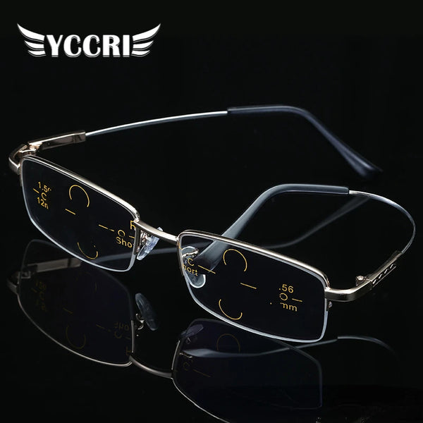 A pair of clear photochromic progressive reading glasses displayed against a black background.