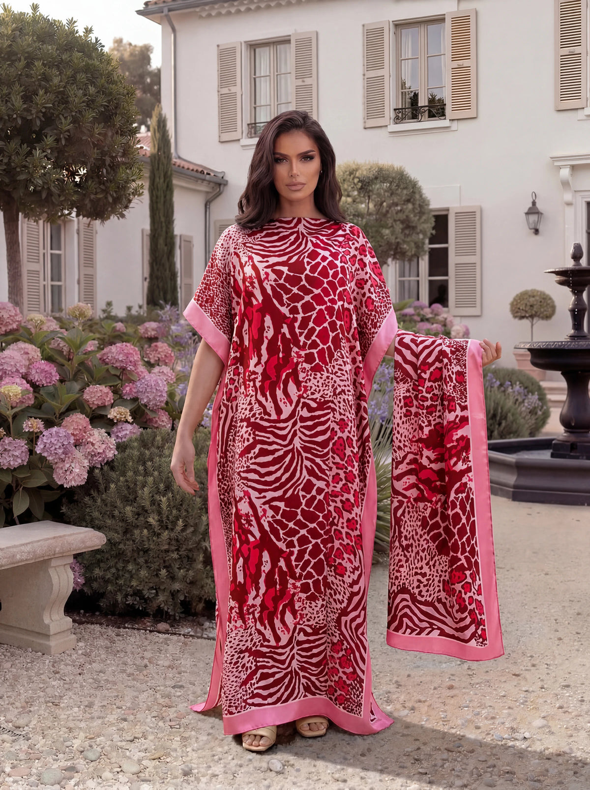 A woman models a long red and pink leopard zebra print kaftan outdoors near a white building.