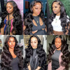 A collage of models wearing a Peruvian Body Wave HD Lace Front Wig in various styles and colors.