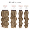 Un paquete de extensiones de cabello ondulado en color marrón claro con clips individuales.