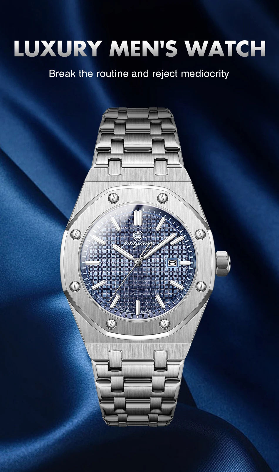 A silver luxury men's watch with a blue dial and luminous markers is displayed against a dark blue fabric background.