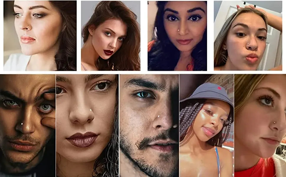A collage of various women showcasing stainless steel nose stud piercings and facial features.