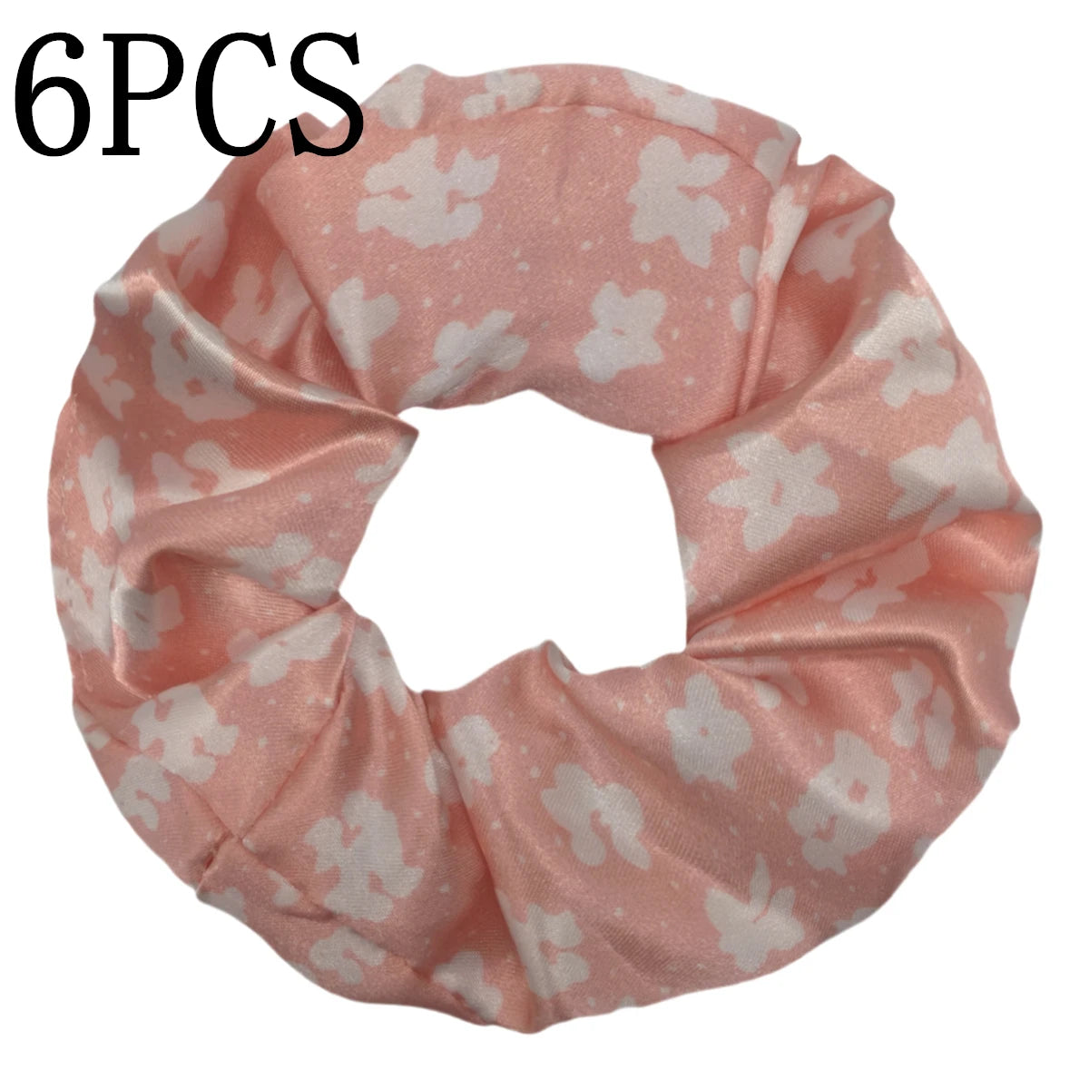 Un juego de seis mechones de satén rosa con estampado floral blanco, mostrados en forma circular.