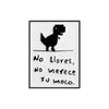 A black enamel lapel pin shaped like a dinosaur silhouette with Spanish text below