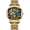 A gold-toned men's stainless steel quartz wristwatch with a black dial and luminous markers on a metal bracelet.