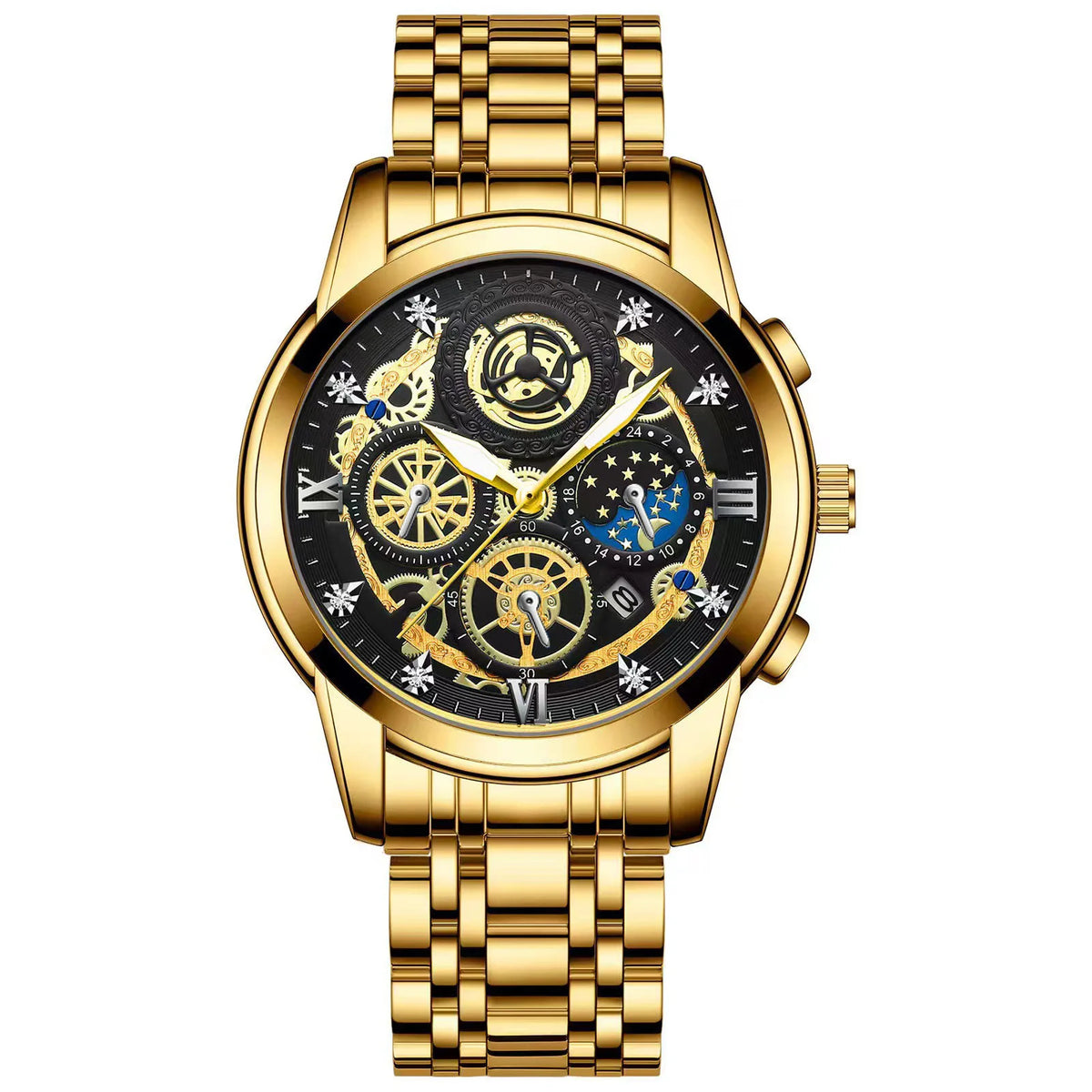 A gold-toned men's stainless steel quartz wristwatch with a black dial and luminous markers on a metal bracelet.