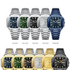 A selection of men's stainless steel quartz watches in various colors including blue, green, black, white, and gold.