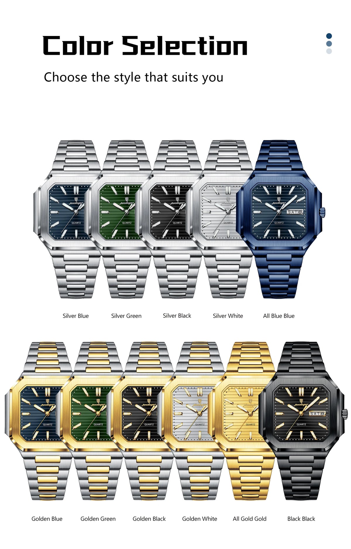 A selection of men's stainless steel quartz watches in various colors including blue, green, black, white, and gold.