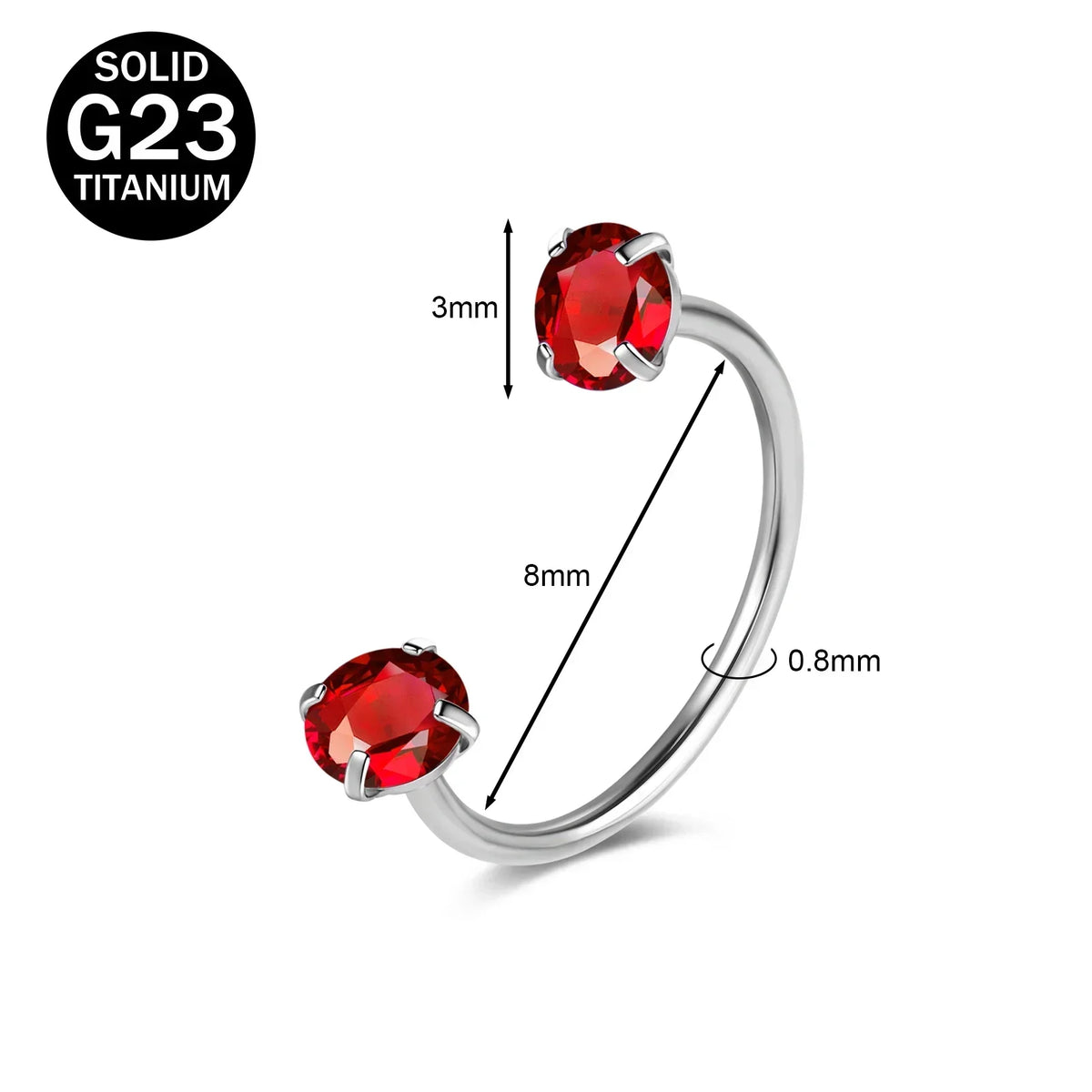 A silver titanium nose ring featuring a red cubic zirconia crystal gemstone.