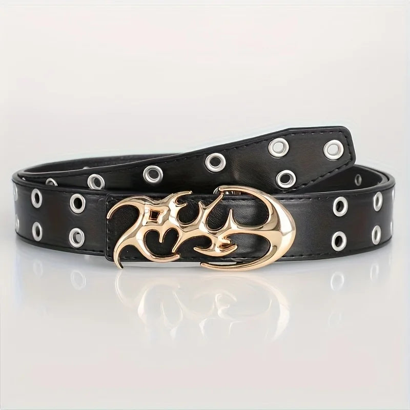 A black leather fashion belt with a gold-toned buckle and silver rivets.