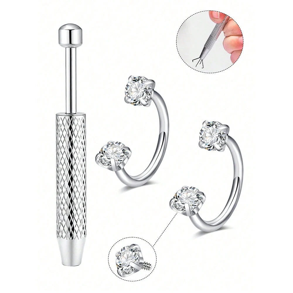 Stainless steel horseshoe nose studs with ball grabbers shown in various angles and close-ups