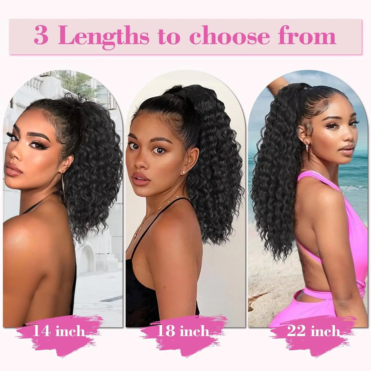 Three lengths of black curly drawstring ponytail hair extensions are displayed for selection.