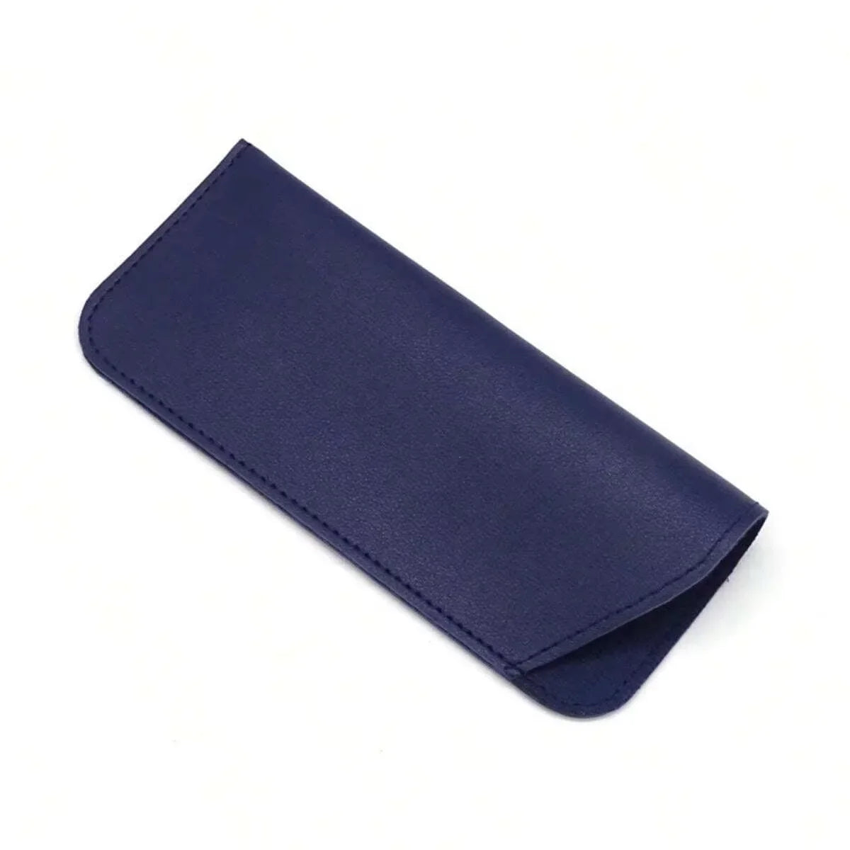 A dark navy blue PU leather glasses case folded and displayed on a white background.