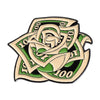 A black and green enamel flower brooch featuring the number 100.