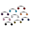 A set of stainless steel crystal hoop ear piercings in various colors including blue, purple, and orange.